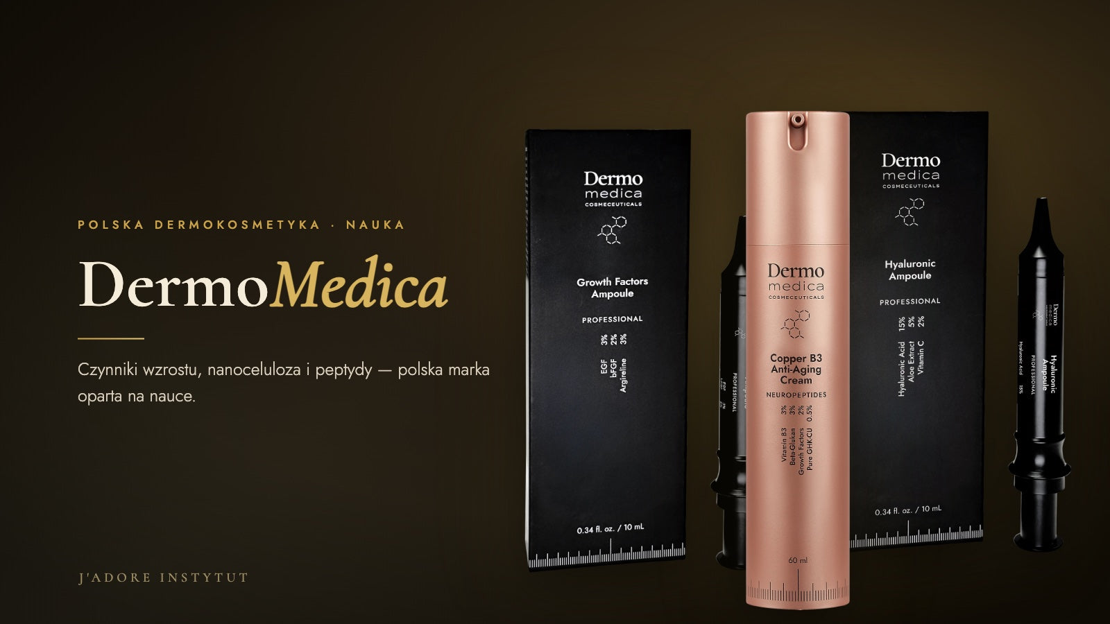 DermoMedica — polska dermokosmetyka; kompozycja produktów marki na ciemnym tle