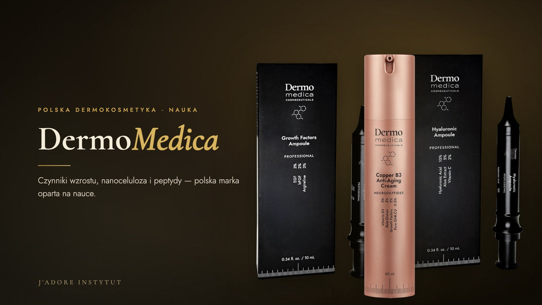 DermoMedica — polska dermokosmetyka; kompozycja produktów marki na ciemnym tle