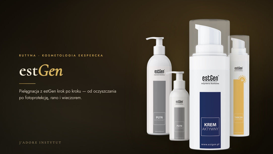 estGen — rutyna pielęgnacyjna; kompozycja produktów marki na ciemnym tle