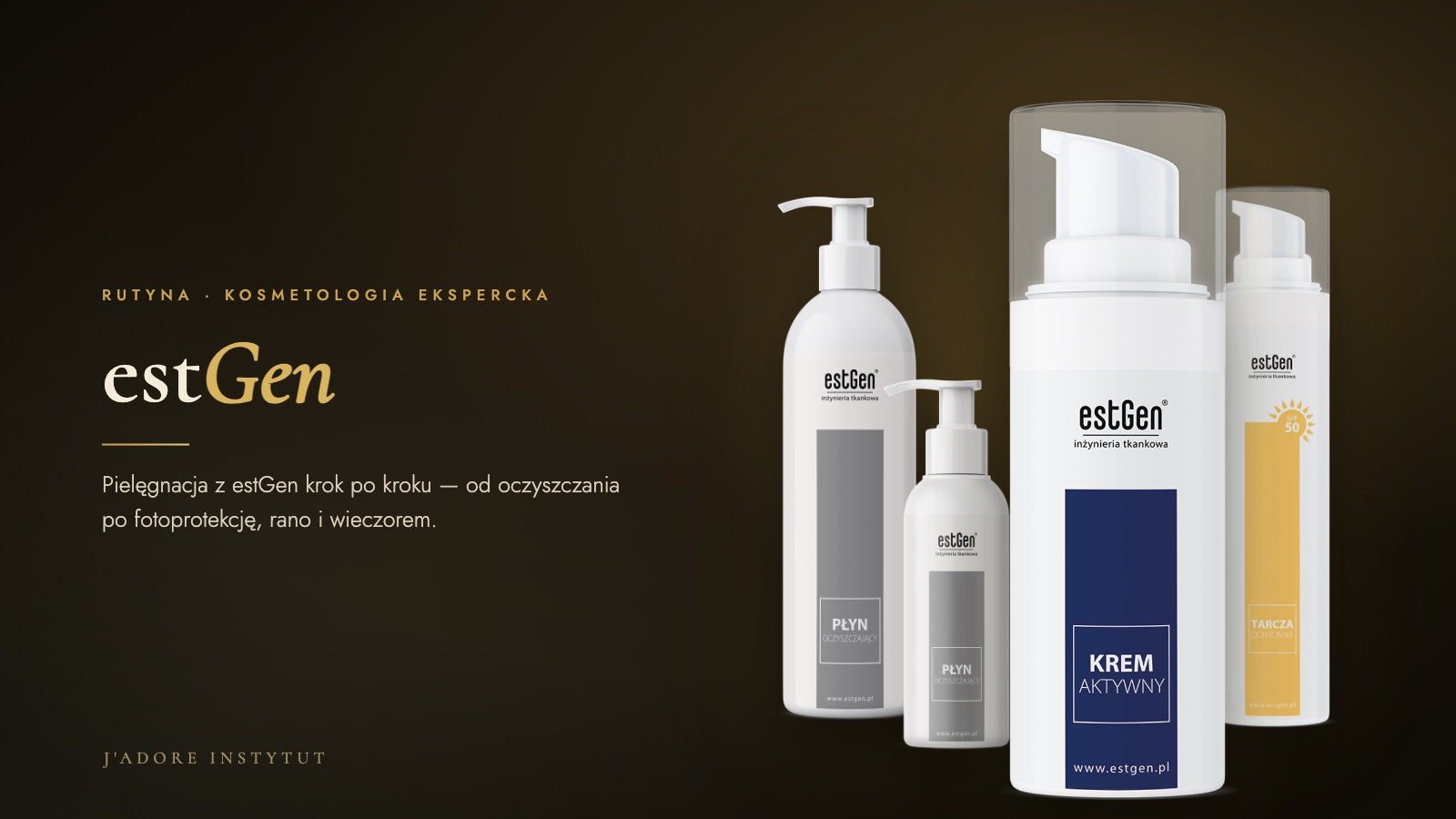estGen — rutyna pielęgnacyjna; kompozycja produktów marki na ciemnym tle