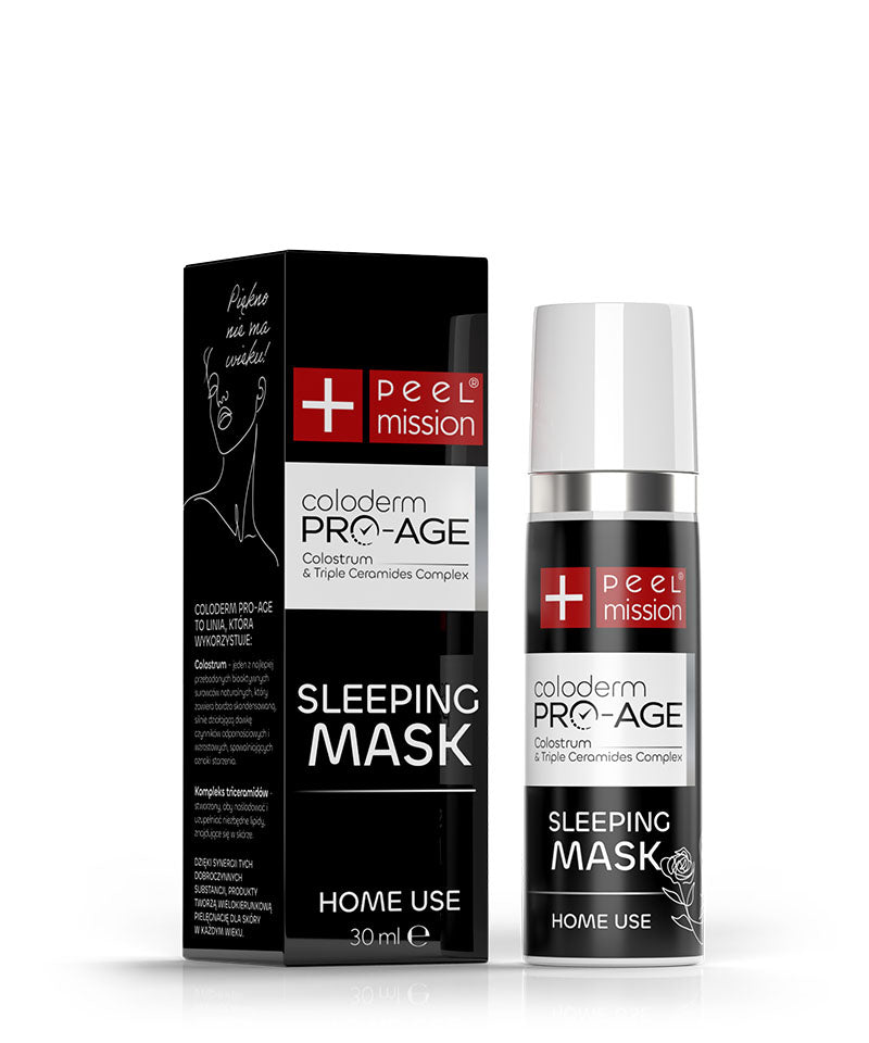 Coloderm Pro-Age Sleeping Mask Peel Mission 30 ml – maska na noc z colostrum i kompleksem trzech ceramidów, opakowanie airless w kartoniku