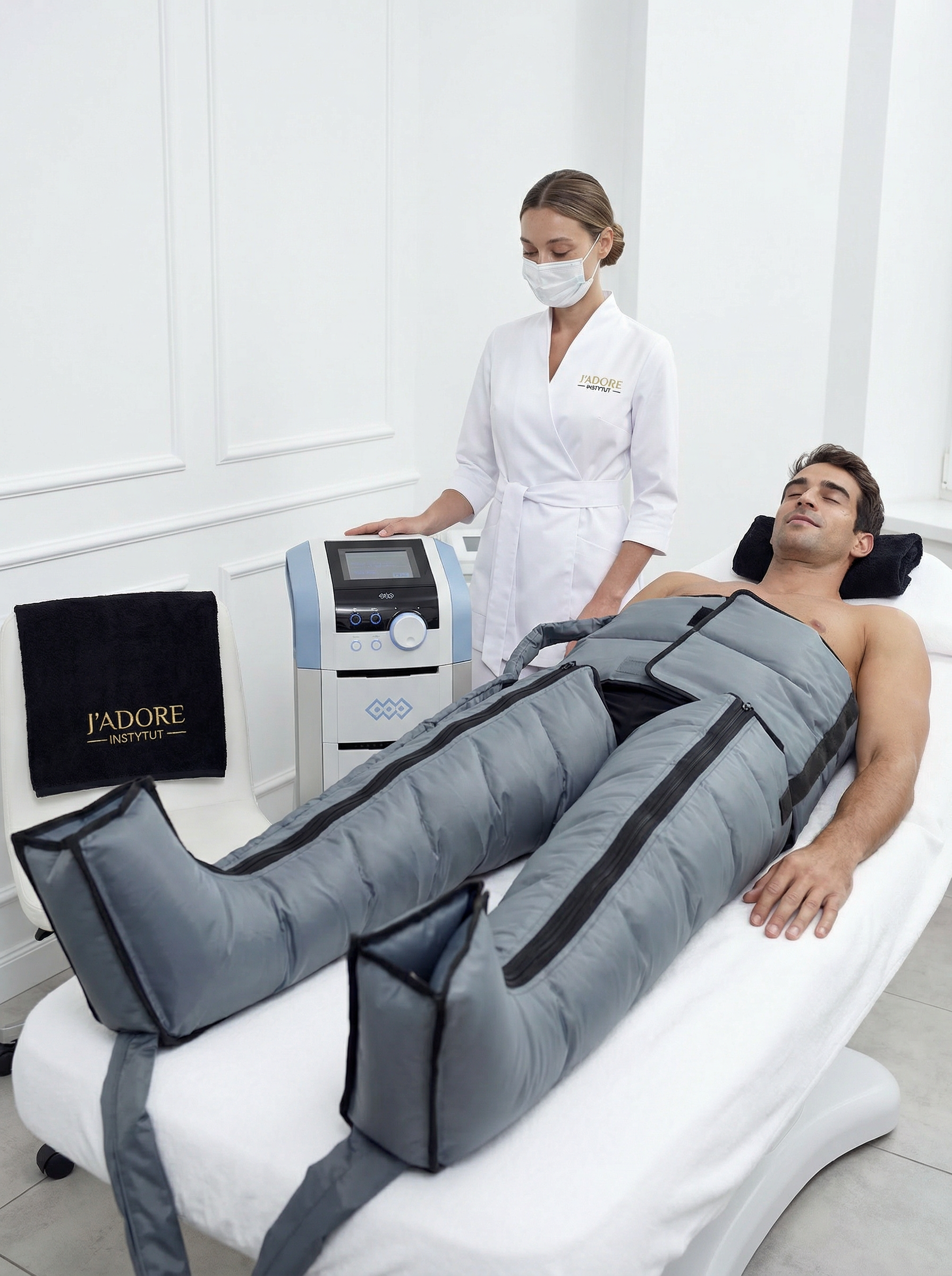Presoterapia – drenaż limfatyczny sprzętowy – procedura w gabinecie kosmetycznym J'adore Instytut
