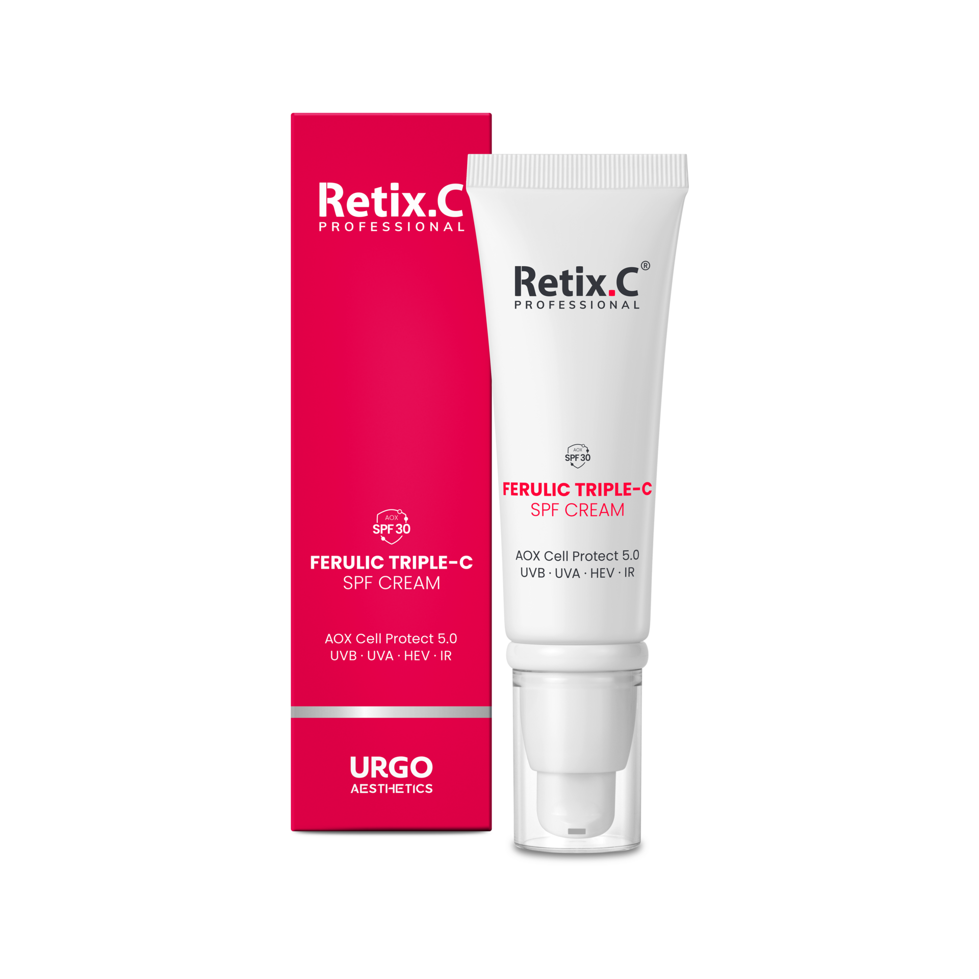 Retix.C Ferulic Triple-C SPF Cream — biała tuba antyoksydacyjnego kremu z filtrem SPF 30 obok różowego opakowania, professional home care