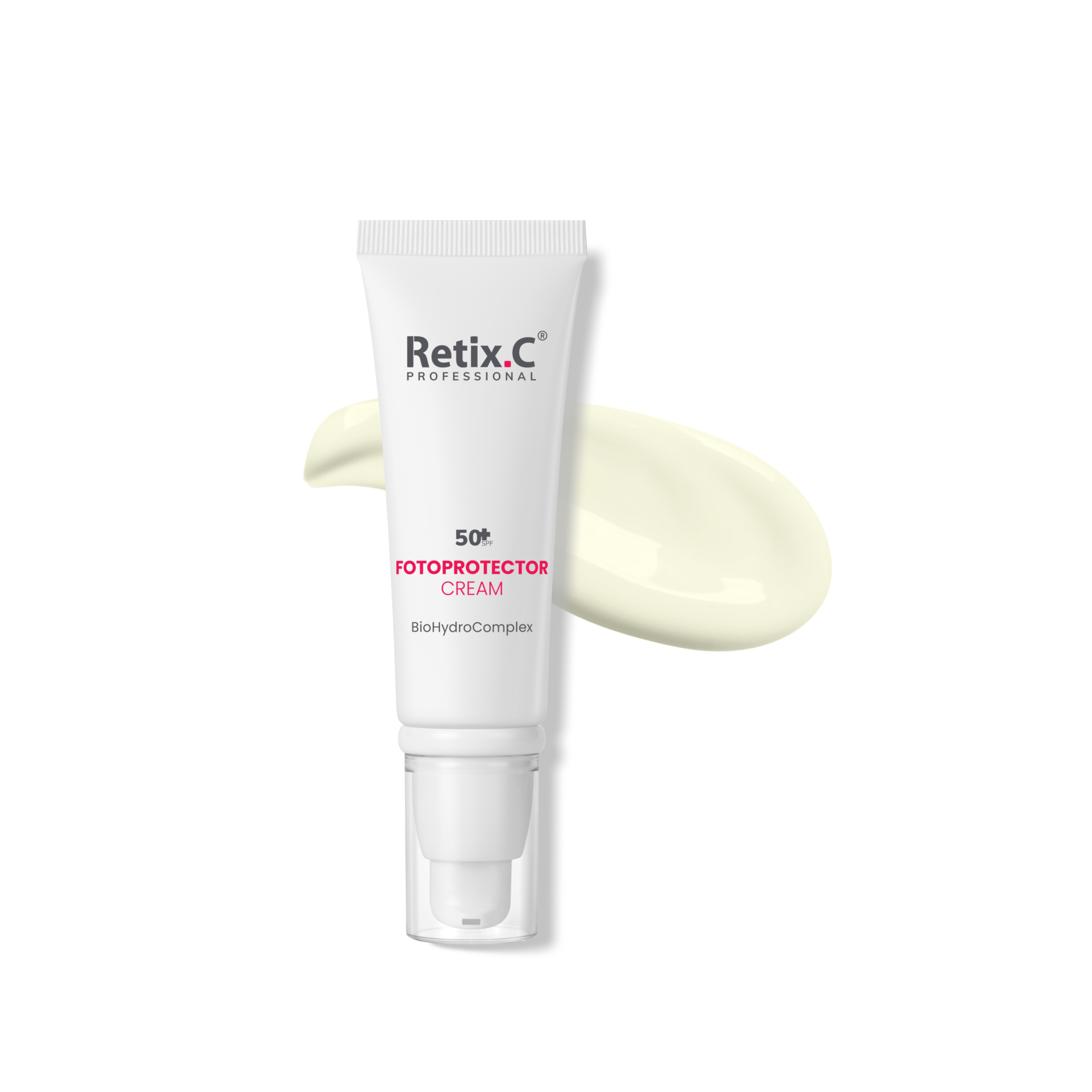 Retix.C Fotoprotector SPF50+ Cream — biała tuba ochronnego kremu przeciwsłonecznego z wysokim filtrem, professional home care