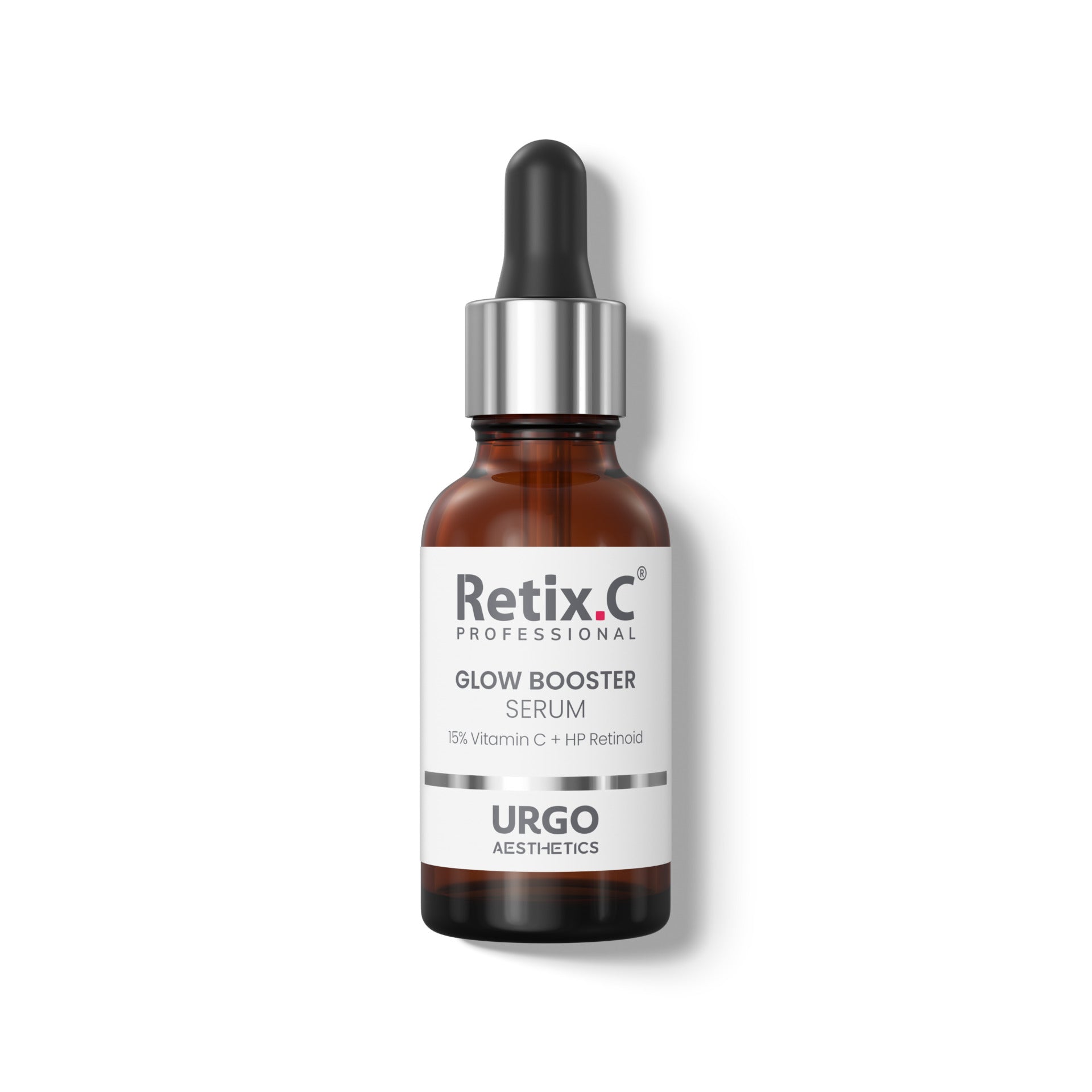Retix.C Glow Booster Serum 30 ml — bursztynowa buteleczka z pipetą, profesjonalne serum z 15% witaminy C i retinoidem HPR, URGO Aesthetics
